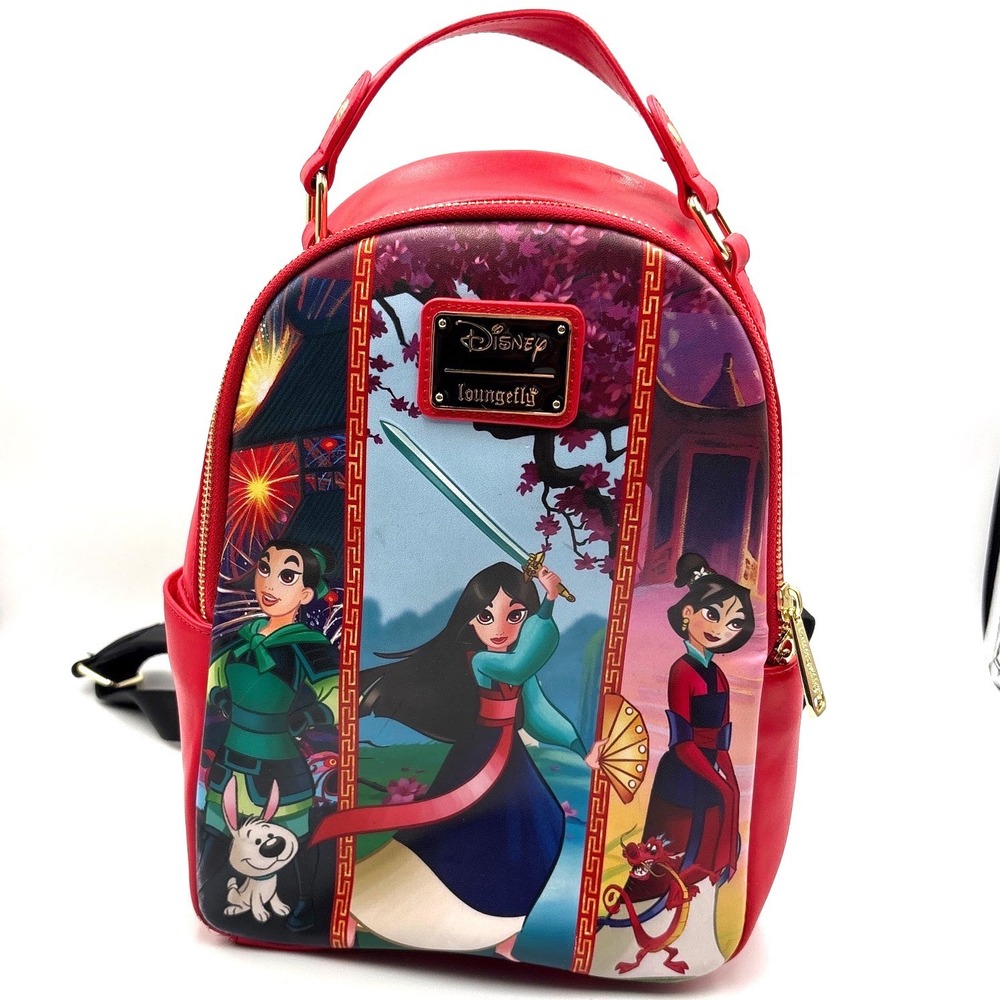 Disney Loungefly Mulan Mushu Cri-Kee Mini Backpack Red Multi Floral Bag